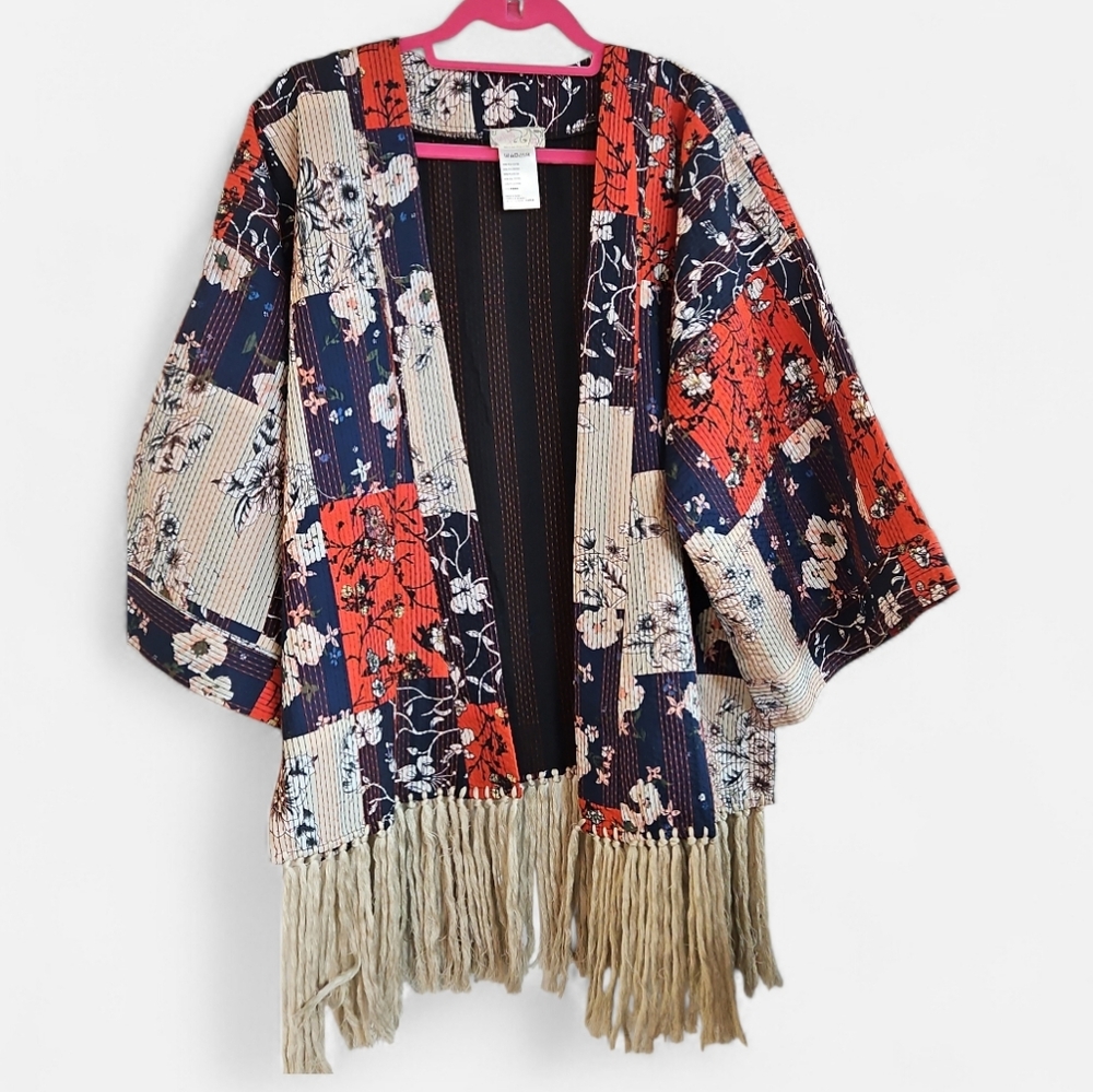 Free People Multicolor Floral Kimono with Fringe